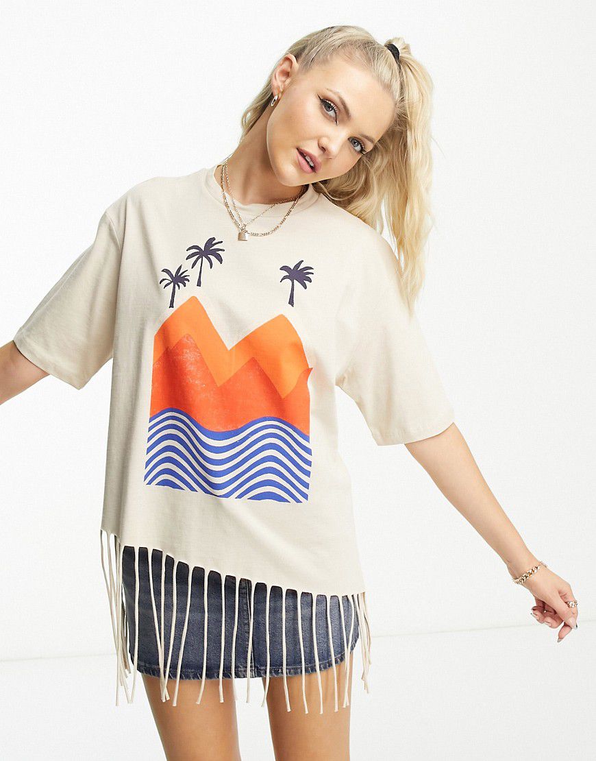 T-shirt écru con bordi grezzi e stampa a tema spiaggia - Native Youth - Modalova
