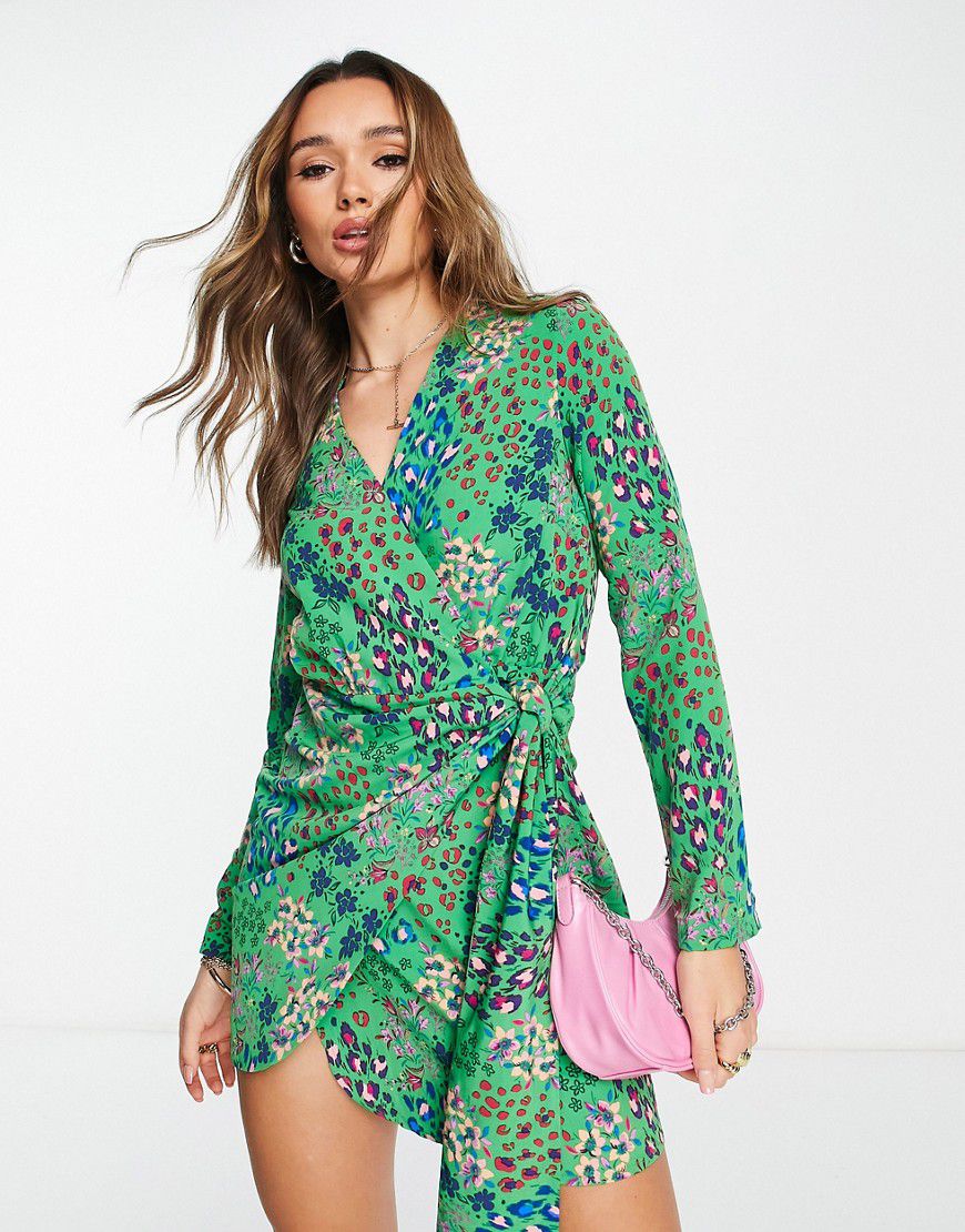 Vestito corto a portafoglio smeraldo con laccetti e stampa leopardata - Never Fully Dressed - Modalova