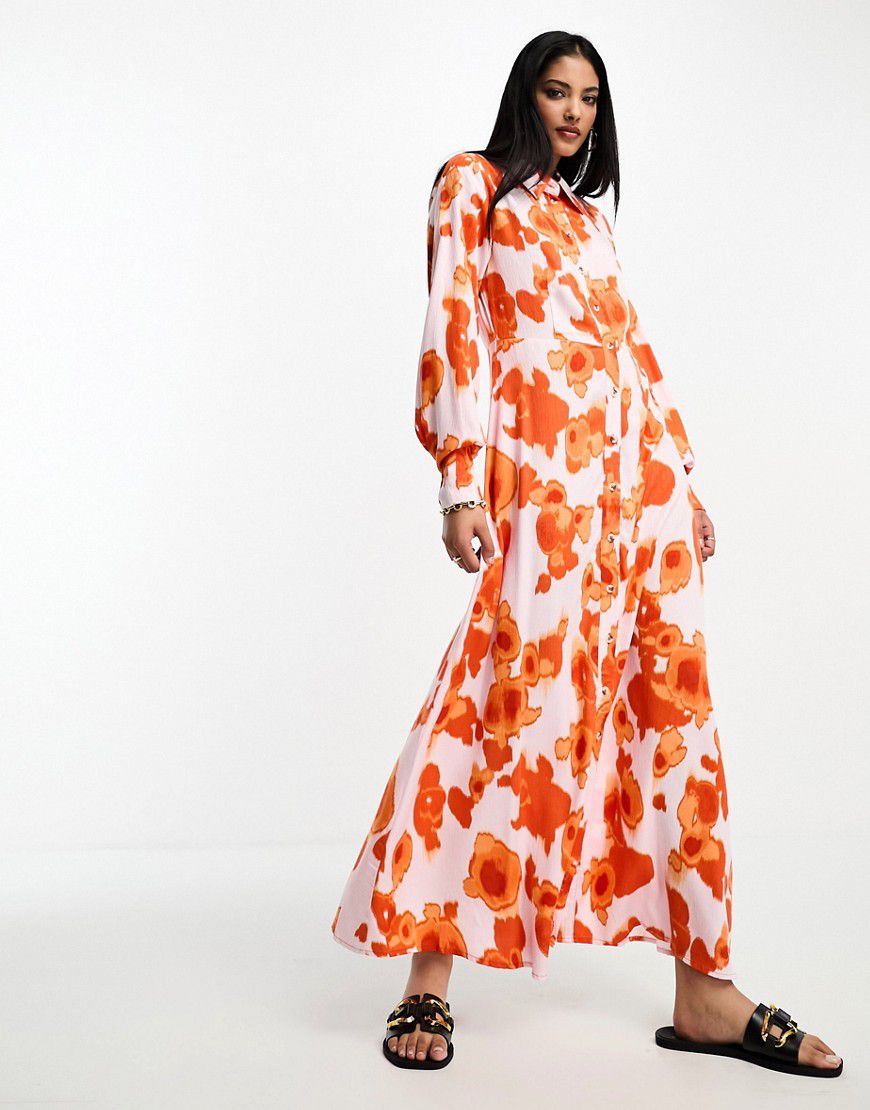 Vestito camicia lungo a fiori vivaci arancioni - Selected - Modalova