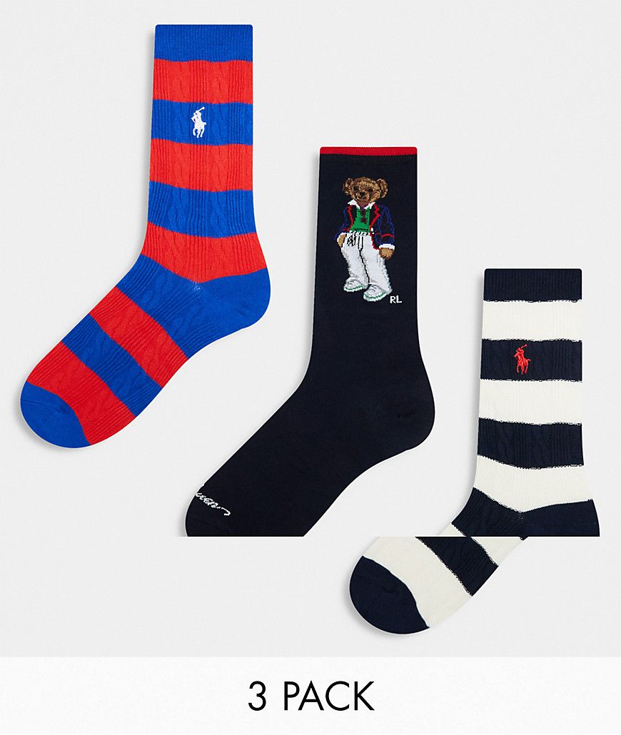 Confezione da 3 paia di calzini a righe rosse, e crema e con orsetto - Polo Ralph Lauren - Modalova