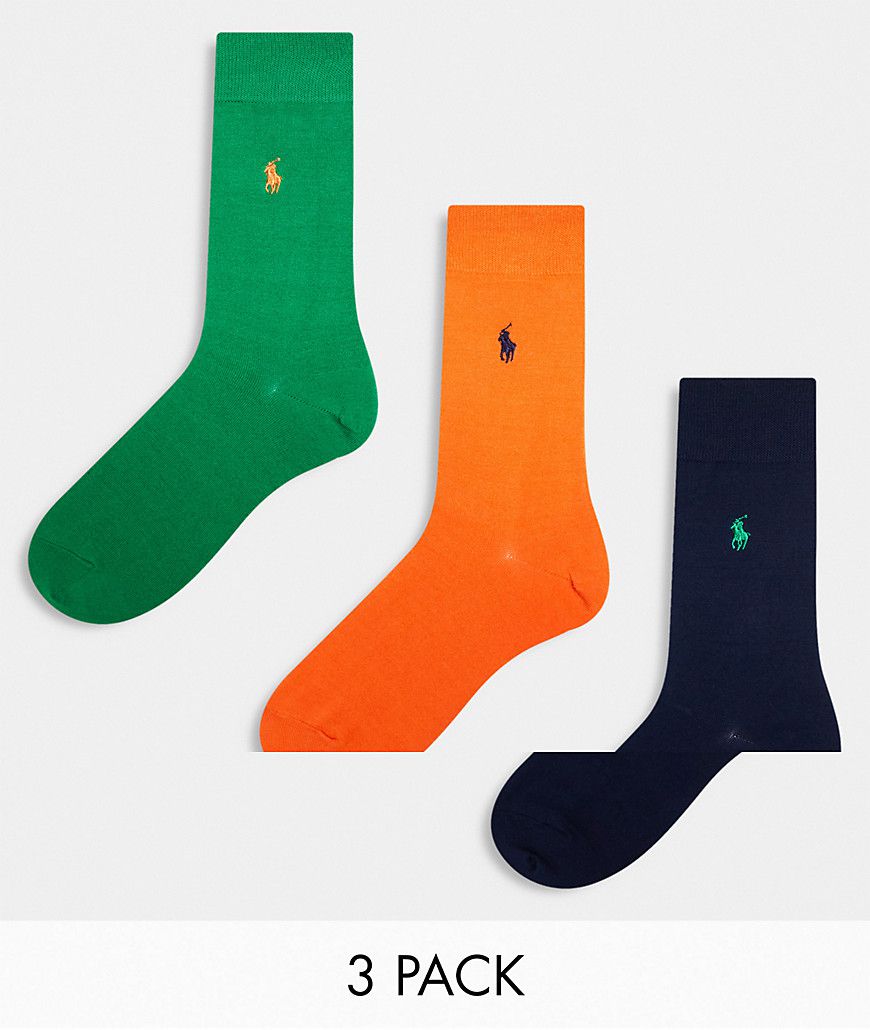 Confezione da 3 paia di calzini in cotone mercerizzato arancioni, verdi e blu navy con logo - Polo Ralph Lauren - Modalova