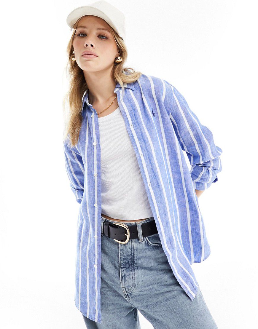 Camicia in lino blu a righe bianche con logo - Polo Ralph Lauren - Modalova