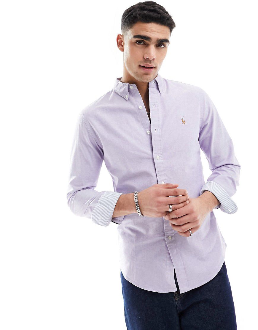 Camicia Oxford slim lilla con logo - Polo Ralph Lauren - Modalova