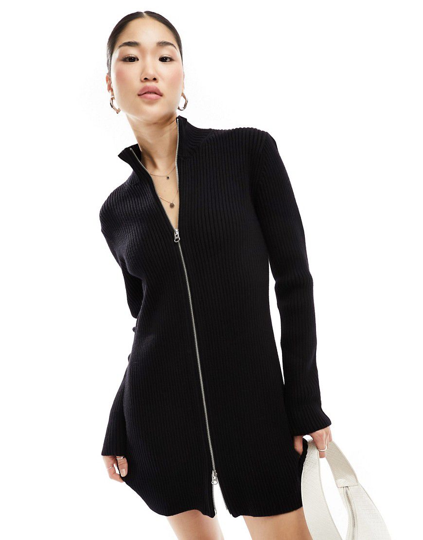 Laila - Vestito corto accollato in maglia nera a coste con zip bidirezionale - Weekday - Modalova