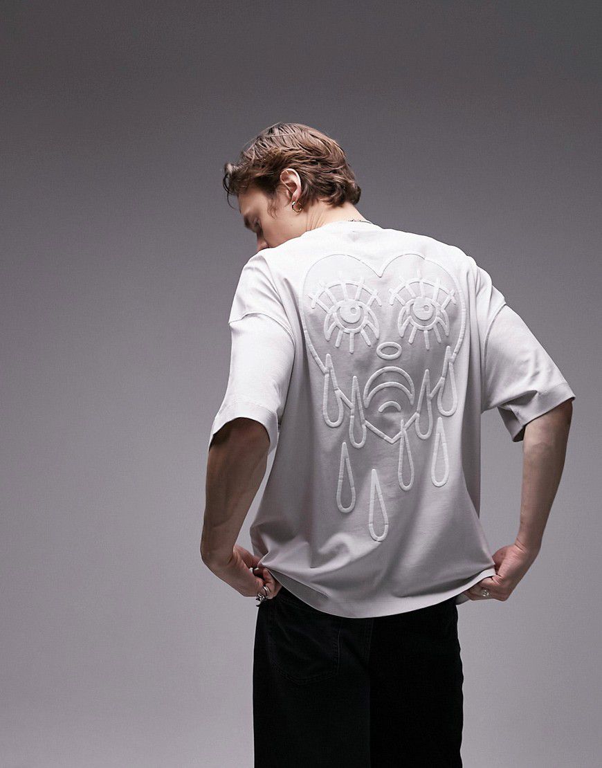 T-shirt super oversize grigia con stampa sul davanti e sul retro di cuore effetto tatuaggio - Topman - Modalova