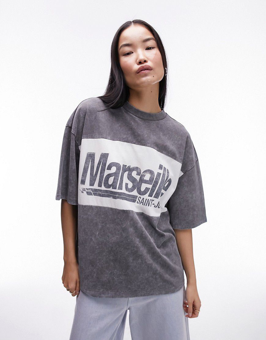 T-shirt oversize antracite slavato con scritta Marseille - Topshop - Modalova