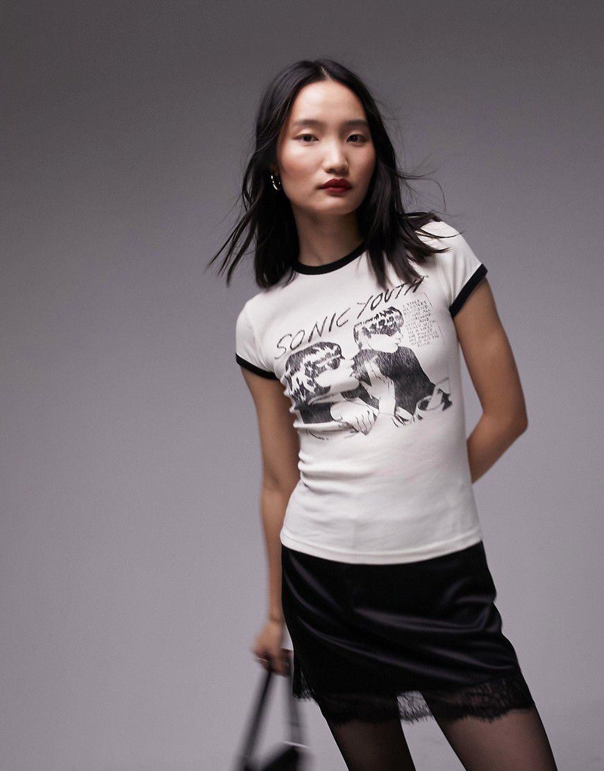 T-shirt taglio lungo écru con grafica "Sonic Youth" su licenza - Topshop - Modalova