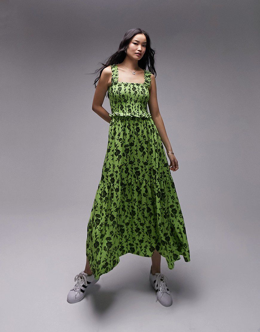 Vestito midi arricciato stile scamiciato verde a fiori neri - Topshop - Modalova