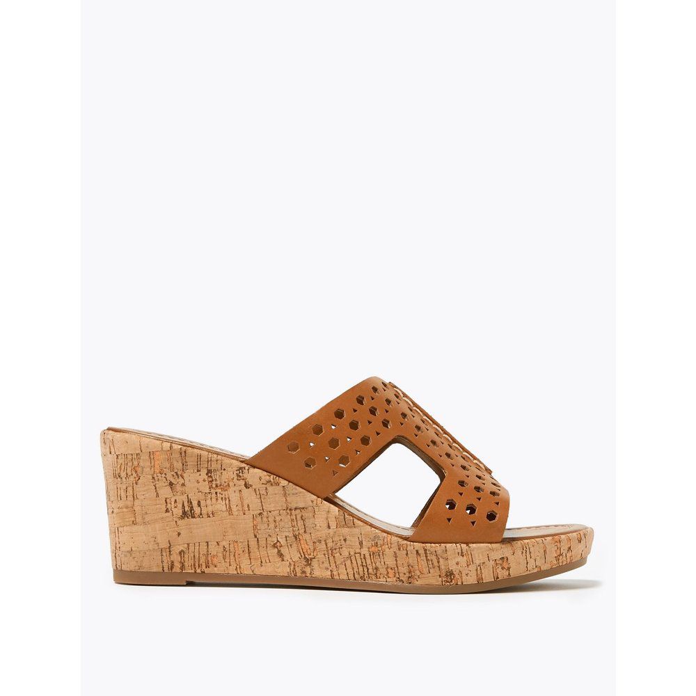Wide Fit Leather Perforated Wedge Mules brown - Marks & Spencer - Modalova