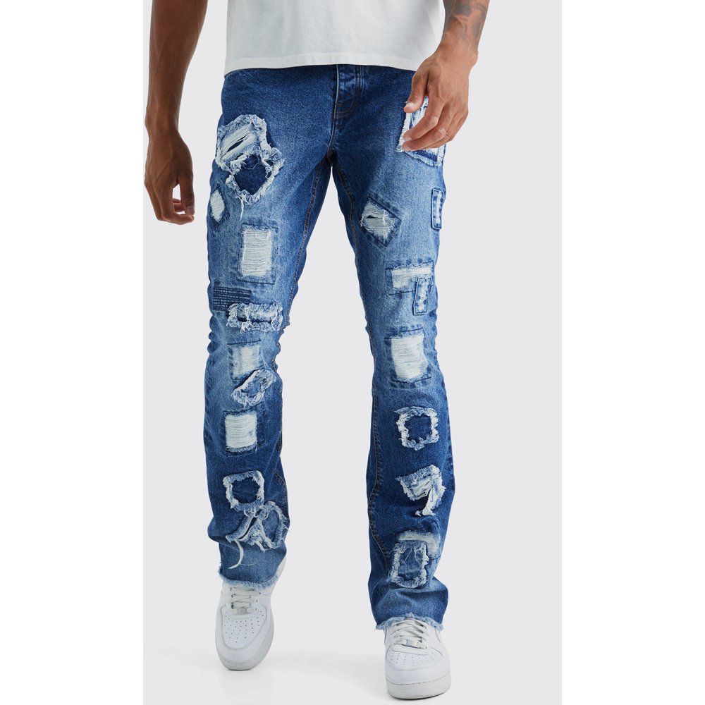 Jeans Tall Slim Fit in denim rigido effetto patchwork effetto smagliato - boohoo - Modalova