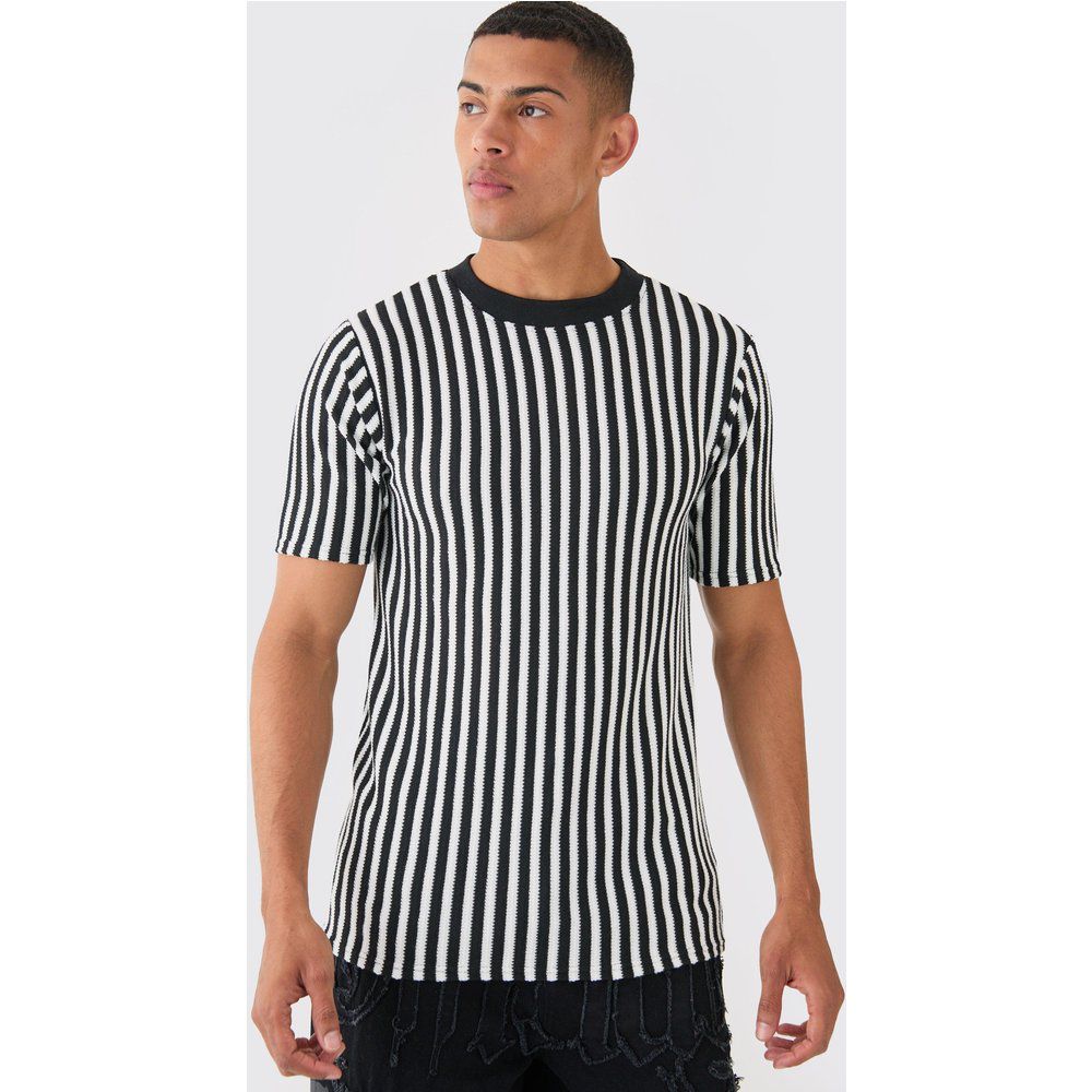 Slim Fit Stripe Rib T-shirt, Nero - boohoo - Modalova