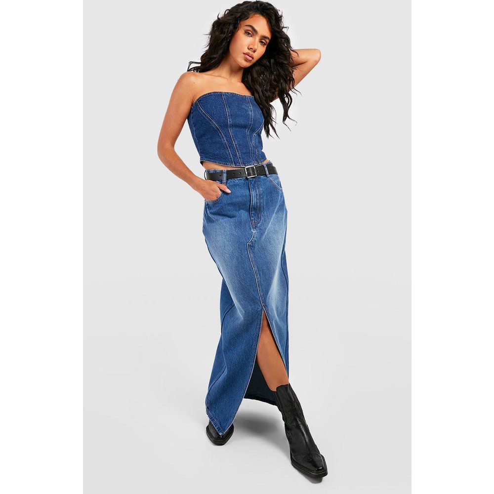 Gonna maxi in denim con spacco frontale - boohoo - Modalova