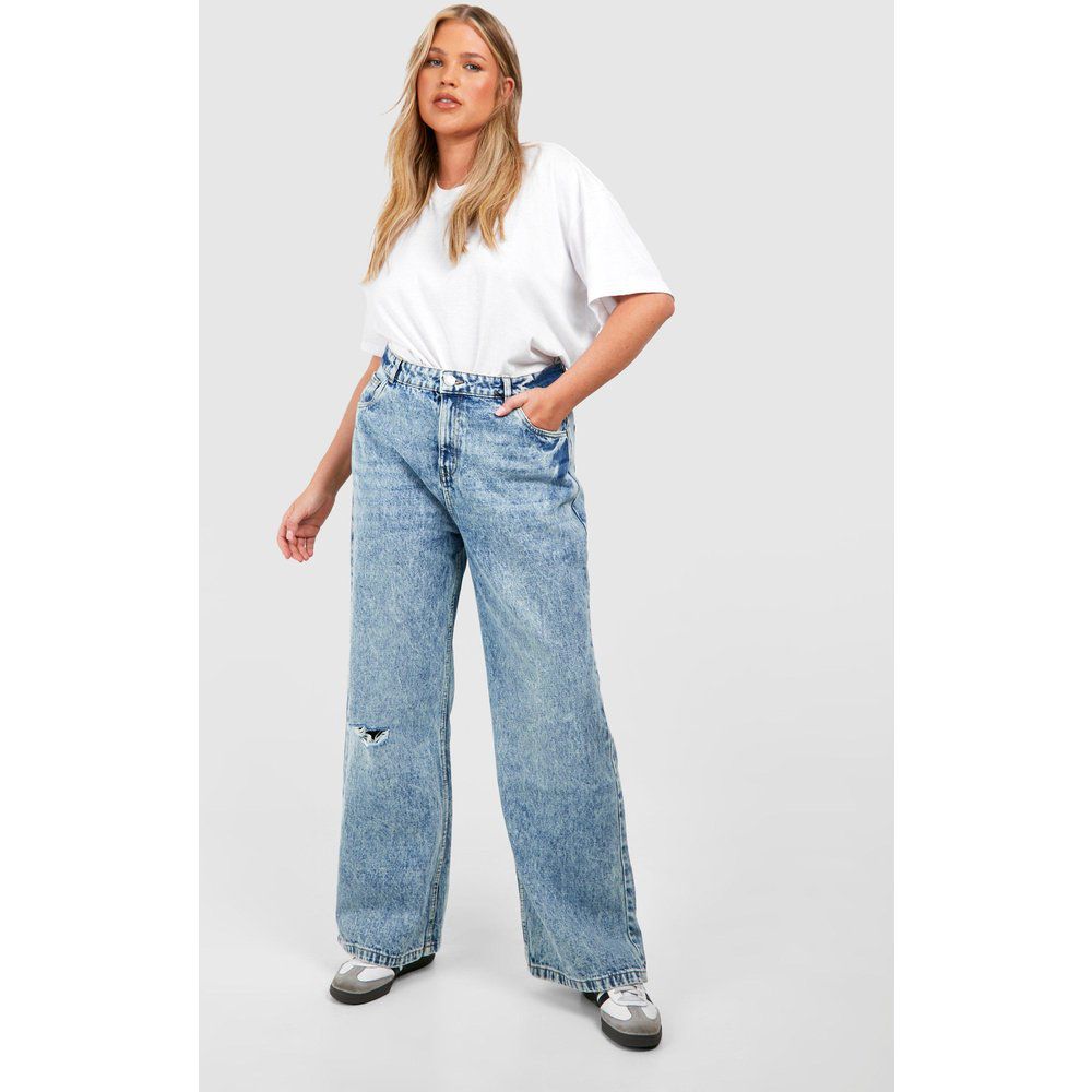 Jeans dritti Plus Size in lavaggio vintage con strappi sul ginocchio - boohoo - Modalova